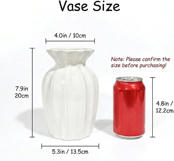 White Vase, 7.9 Inch Ceramic Vase for Flowers, Flower Vase for Centerpieces, Cute Vases for Home Decor, Farmhouse Ceramic Flower Vase for Living Room Shelf Table Cabinet Wedding