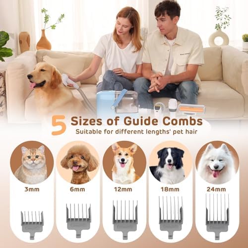HEAPETS Dog Grooming Vacuum Kit - 3L Vacuum with 7 Tools, Low Noise Electric Clipper and Brush for Pet Shedding at Home, Blue