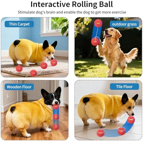 Interactive Automatic Dog Ball, Self-Moving Rolling Toy for Dogs, Chew Resistant E-TPU Material, IPX7 Waterproof, USB-C Rechargeable, Smart Vibration Sensor, Indoor & Outdoor (Red)