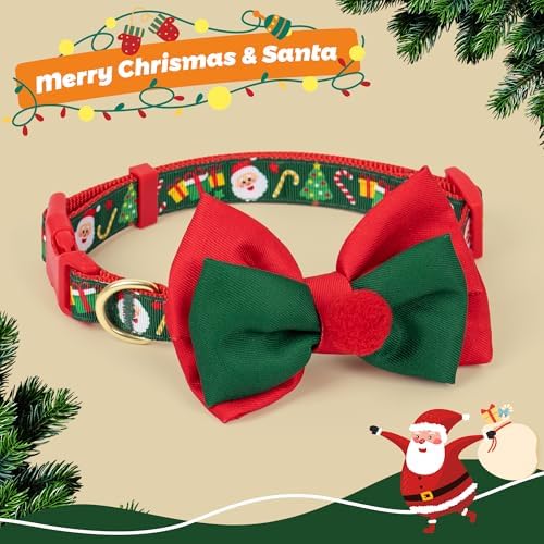 azuza Christmas Dog Collar Santa Print Xmas Pet Collar with Removable Red and Green Bowtie, Adjustable Dog Collar Accessories for Small Dogs