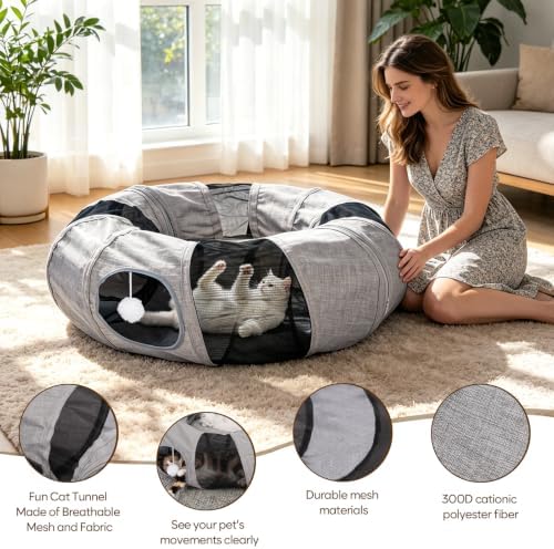 Ownpets 2 in 1 Collapsible Cat Tunnel for Indoor Cats with Cushion Bed