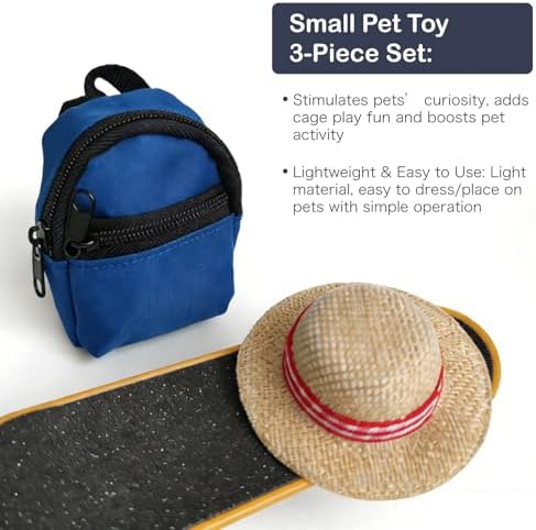 3 Pack Bearded Dragon Toy Set Includes a Bearded Dragon Backpack, an Adjustable hat, and a mini Skateboard Toy, for Small Reptile Pets Such as Lizards, Hamsters, Parrots, and Turtles.（Blue）