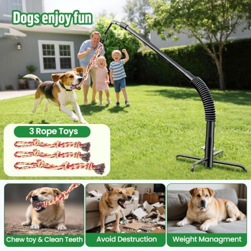 Tether Tug Outdoor Dog Rope Toy, Adjustment Height Upgraded Spring Pole, Includes 3 Chew Ropes, Interactive Tug of War Toy for Large Medium Small Dogs, Exercise Game in Yard, Lawn, Park