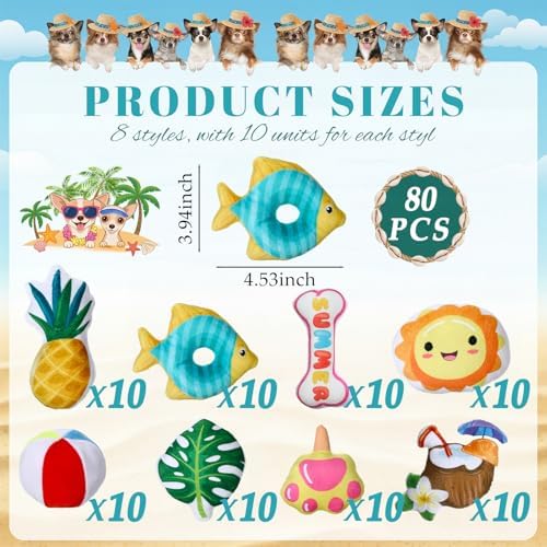 Soulchen 80 Pcs Summer Dog Toys Set Puppy Squeaky Toys Bulk Cute Stuffed Plush Dogs Chew for Small Medium Pet with Squeakers for Fun & Teething Birthday Gifts Party Party