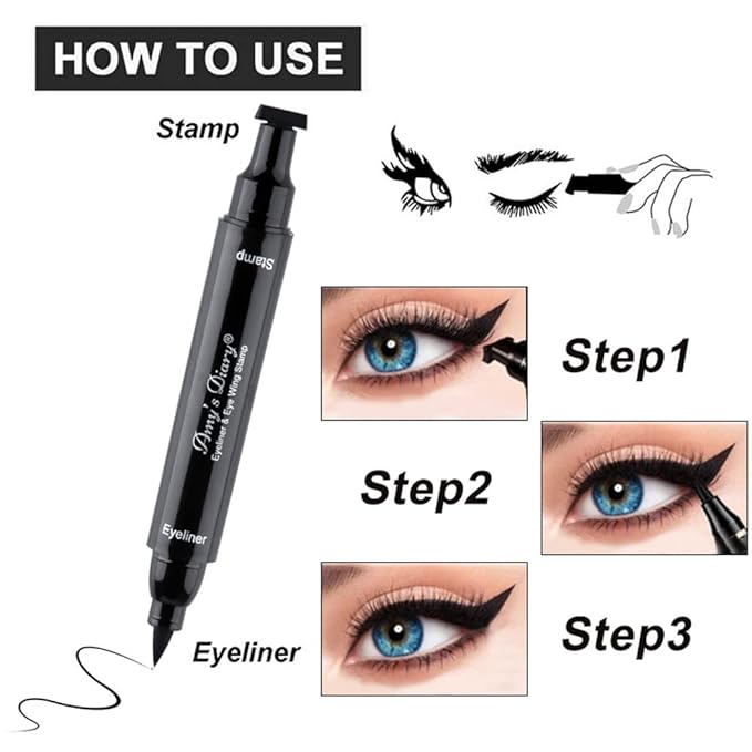 AMY'S DIARY Eyeliner Stamp 2 Pens Winged Stamp Eyeliner, Perfect Wing Cat Eye Stencil Stamp for All Eye Shapes, Winged Eyeliner Stamp, Perfect Wing Cat Eye Liner, Waterproof & Smudge-proof