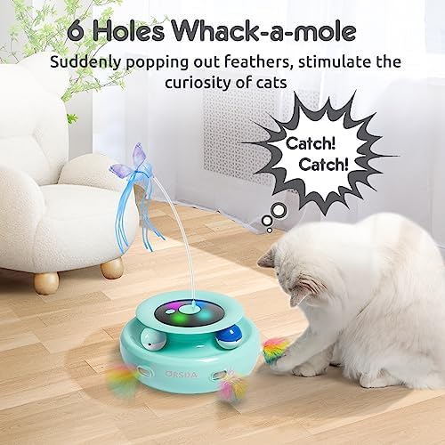 ORSDA Cat Toy, 3-in-1 Automatic Interactive Electronic Moving Ambush Feather, Fluttering Butterfly, Track Balls, USB Rechargeable Powered Smart Indoor Exercise Kicker