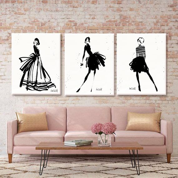 Chadow Artwork 3 Pieces Girl in Black Dress Wall Art Bathroom Art Fashion Women Canvas Pictures for Bedroom Beauty Salon Bathroom Makeup Room Decor 12"x16" (30cmx40cm)