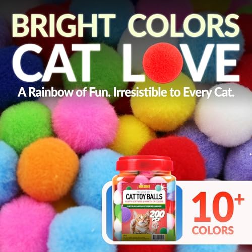HA SHI [200pcs in Sturdy Jar] 1.2 Inch Soft Plush Cat Toy Balls - Perfect Size Interactive Fetch Toys for Indoor Cats, Quiet Night Play, Assorted Colorful Fuzzy Poms for Kittens