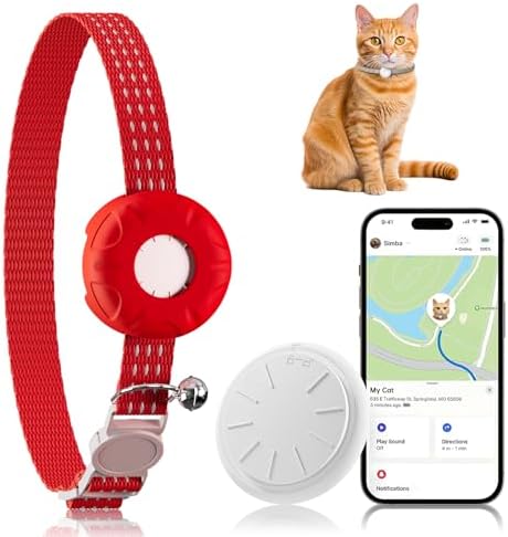 Cat Tracker, GPS Tracker Compatible with Apple Find My App(Only iOS), Waterproof Cat Trackers Collar with Bell and Safety Elastic Buckle, No Monthly Fee Pet Tracker for Vehicles,Pets,Kids,Smart Alerts