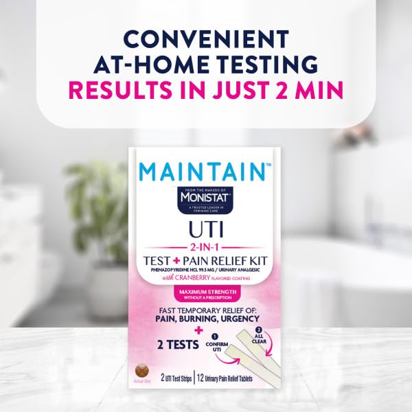 Monistat Maintain UTI Test and Pain Relief Kit, UTI Test Strips and Urinary Pain Relief Tablets, Cranberry Flavor Coating, 2 Test Strips and 12 Tablets (Pack of 2)