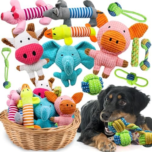 12 Pack Dog Squeaky Toys, Interactive Plush Chew Toys with Rope