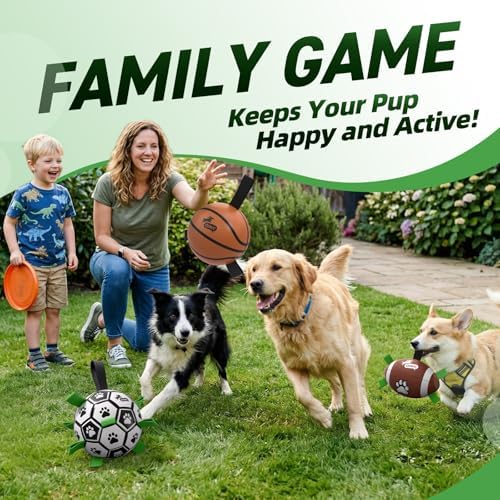 QDAN Dog Soccer Ball Football Basketball Set - 3 PCS Dog Balls with Strap for Tug of War, Soccer Ball Football Toys for Small Medium Large Dogs, Herding Ball for Dogs, Dog Birthday Toy