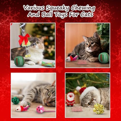 Christmas Stocking Cat Toys - 12Pcs Interactive Set for Cats with Squeaky Toys, Balls, Cat Teasers