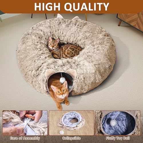 Cat Tunnel with Cat Bed for Indoor Cats, Soft Plush Peekaboo Cat Cave Donut Tunnel, Multifunctional Playground Toys Hideplace for Small Medium Large Kittens, Rabbit, Ferret, Brown