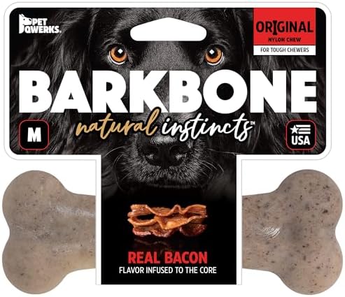 Pet Qwerks Original BarkBone Nylon Dog Bone Durable Dog Chew Toy for Aggressive Chewers - Bacon Flavor - 6.1", Made in USA (Pack of 4)