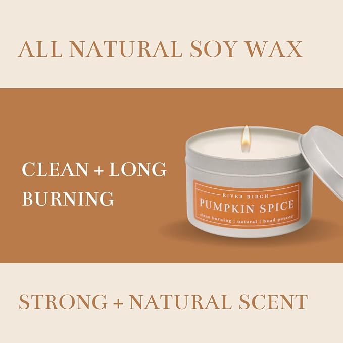 River Birch Candles Pumpkin Spice Scented Candle | Premium, All-Natural, Non-Toxic, Soy Candles | 8 oz. Silver Tin Travel Candle | Cozy Relaxing Gifts for Home