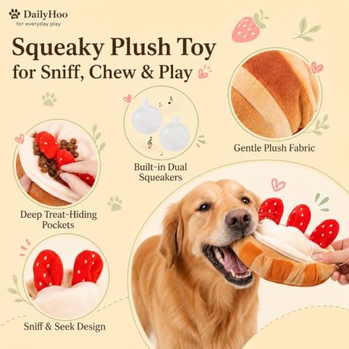 Snuffle Toys for Dogs, Strawberry Bread Dog Enrichment Toys, Squeaky Stuffed Plush Chew Toy for Mental Stimulation, Interactive Foraging Game