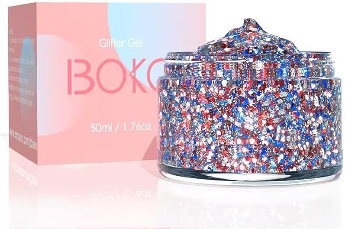 Boko 50ML Body Glitter Gel, Red White Blue 4th of July Chunky Glitter for Face Hair Body Makeup, Patriotic Glitter for USA Independence Day Memorial Day Veterans Day Flag Party Rave Accessories