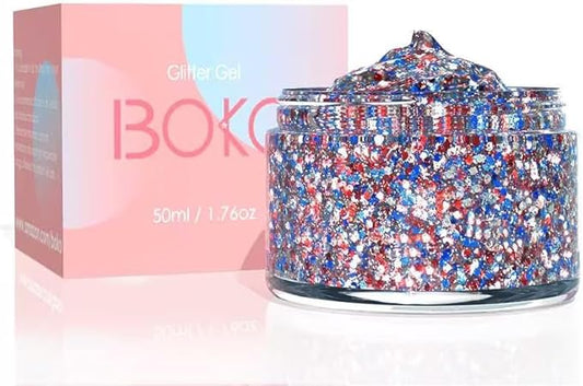 Boko 50ML Body Glitter Gel, Red White Blue 4th of July Chunky Glitter for Face Hair Body Makeup, Patriotic Glitter for USA Independence Day Memorial Day Veterans Day Flag Party Rave Accessories