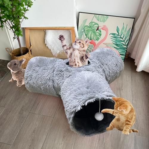 3-Way Collapsible Cat Tunnel Tube Toy Grey Plush