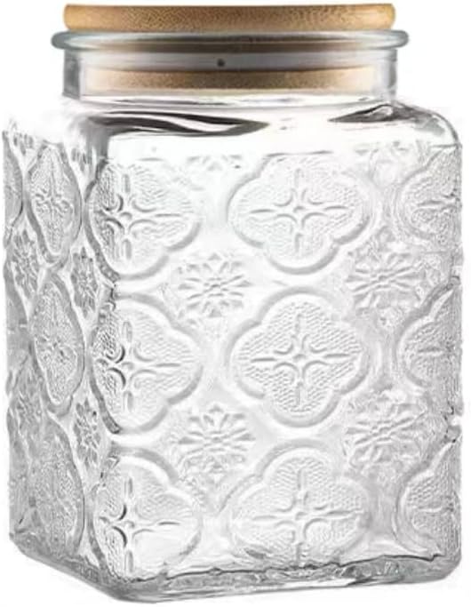 25.3 FL OZ Square Glass Jar, Glass Storage Canister with Airtight Lid, Glass Food Storage Containers for Candy, Coffee, Tea, Canning, Cute Jar (Square Begonia) | Glass Food Storage Container for Coffee, Tea, Candy, Sugar, Decorative Jar Cute Jar (Squar...
