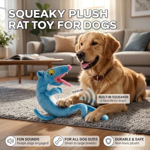 EMMA COLE Plush Squeaky Pet Toy for All Dogs Stuffed Animal Interactive for Cuddling Playing Puppy Teething Chewing(Blue Rat)
