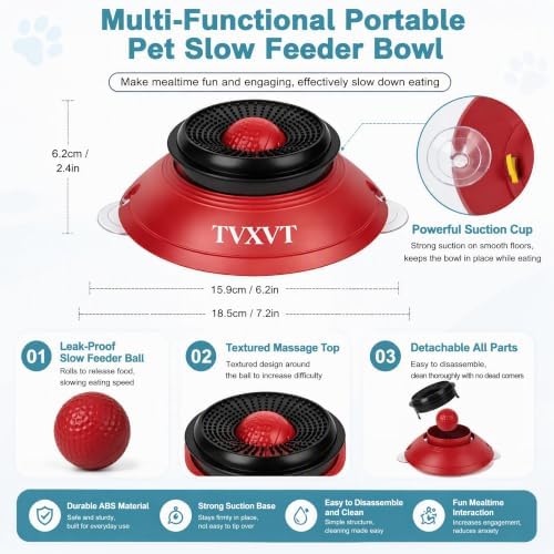 Rolling Lick Feeder Ball Bowl with Suction Cups Anti Slip Slow Feeder Interactive Puzzle Enrichment Toy for Dogs Cats Suitable for Wet Food Yogurt Bone Broth Nutrient Liquid (Red)