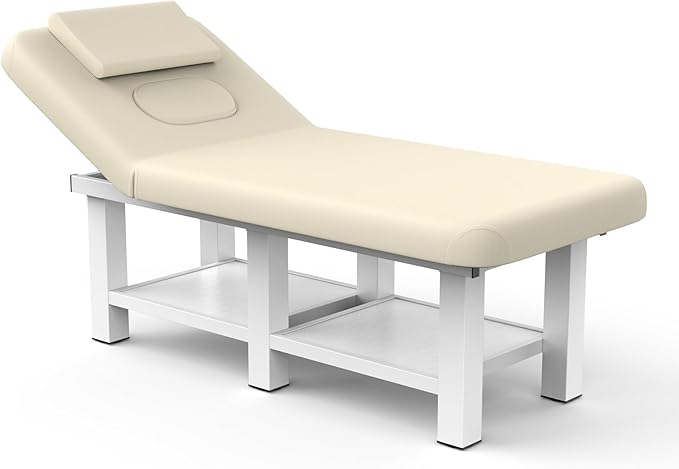 pouseayar Metal Frame Wide Stationary Massage Table for Treatment Table Physical Therapy Table Spa Facial Bed, PU Leather 31.5'' Wide 75'' Long (Beige Grey, Integral Structure)