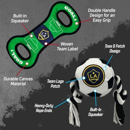 Pets First MLS LA Galaxy Soccer Field Tug Toy & Soccer Ball Rope Toy Set for Dogs - Officially Licensed Interactive Squeaky Rope Fetch & Chew Toys with Team Logo