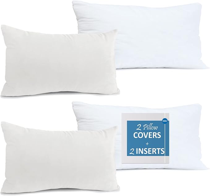 Nestl Throw Pillow Inserts Pack of 2 with Velvet Soft Solid Decorative Square Throw Pillow Covers Set for Sofa Couch Car Bedroom, 12X20 Throw Pillows Inserts with 12x18 Washable Cushion Covers, White
