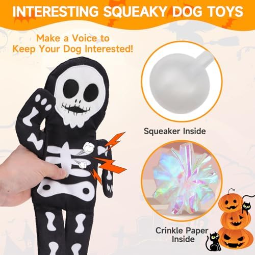 PAWCHIE Halloween Squeaky Dog Toys 2 Pcs for Small Medium Dogs,No Stuffing Crinkle Puppy Toy,Soft Pet Plush Teething Toys Mess-Free Interactive Chew Toy for Boredom Ideal, Skeleton & Mummy