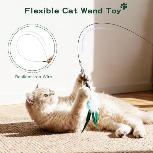 Pawaboo Cat Feather Wand Interactive Toy, 2 Feathers + 1 Wand with Bell