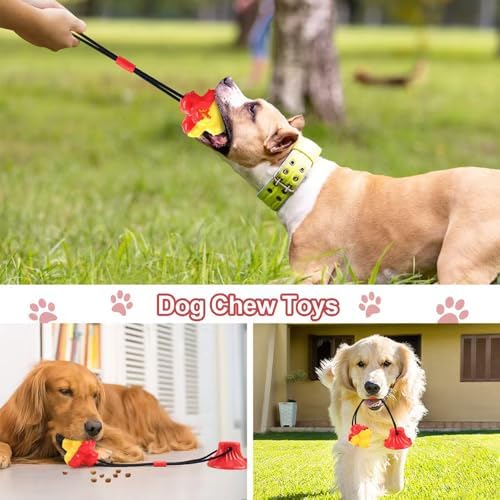 Dog Suction Cup Toy, Suction Cup Dog Toy Tug of War Food Dispensing Ball Play and Exercise Activity for Medium and Large Dogs Self Play Dogs Toys (2, Red)