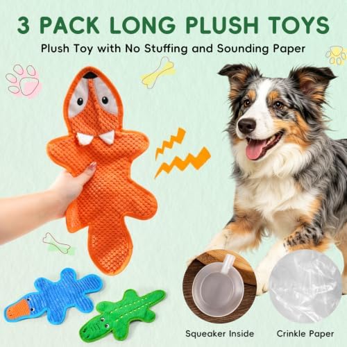 3 Pack No Stuffing Crinkle Durable Squeaky Dog Toys Plush Puppy Chew Toys