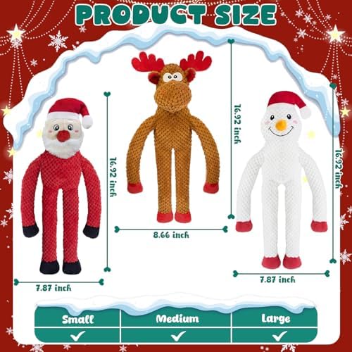 Christmas Dog Toys Squeaky 3-Pack Interactive Puppy Teething Chew Toy Deer Snowman Santa Claus Shape with Crinkle Sound Paper Tail no Stuffed,Keep Them Busy, for Large Medium Small Breeds