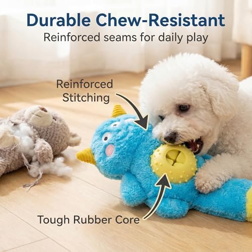 Cute Monster Plush Dog Toy with Squeaky Ball, Crinkle Paper, Treat Dispenser & Washable Design, Interactive Stuffed Chew Toy for Small Medium Dogs, Puppy Teething Toy (Yellow)