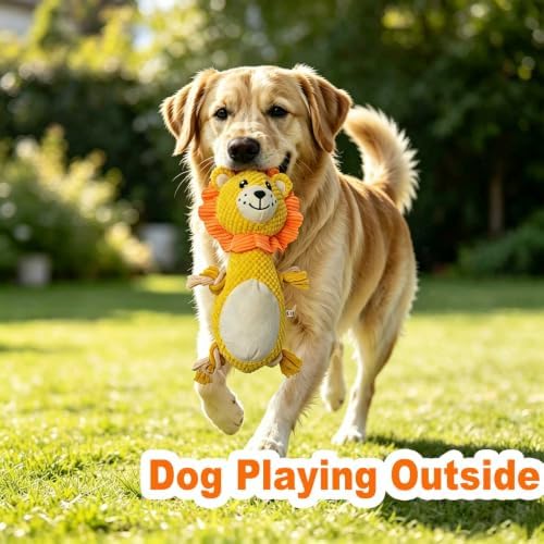 Yellow Lion Plush Chew Dog Toy, 13.8 in, Squeaker and Rope