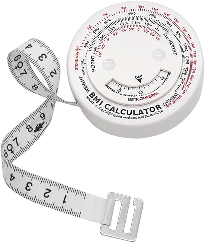 150cm Retractable BMI Tape Measure Body Mass Index Calculator for Diet Fitness Tracking White Plastic Ruler with Push-Button Lock for Waist Hip Chest Thigh Calf Measurement Easy Self-Use Tool