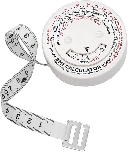 150cm Retractable BMI Tape Measure Body Mass Index Calculator for Diet Fitness Tracking White Plastic Ruler with Push-Button Lock for Waist Hip Chest Thigh Calf Measurement Easy Self-Use Tool