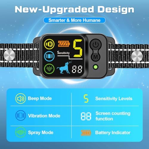 Citronella Bark Collar Spray Dog Collar, 5 Modes & Levels, No Spray Refill | Anti Bark Training Collar, beep/vibration/spray 5 modes, IP66 waterproof, for S/M/L Citronella Dog Collar,with 2 straps Black