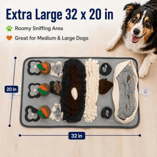 Snuffle Mat for Dogs – Extra Large 32'' x 20'', Washable Slow Feeder Dog Toy, Durable Interactive Dog Puzzle for Mental Stimulation & Nosework Training, with Anti-Slip Suction Cups