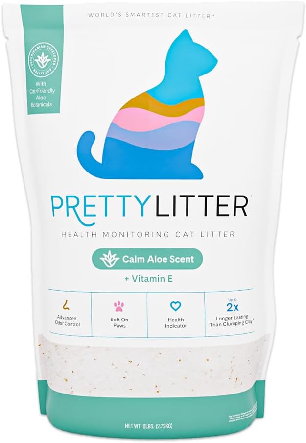 PrettyLitter Health Monitoring Cat Litter, Calm Aloe, 6 lb. Bag | Up to 1 Month Supply, Non-Clumping, Advanced Odor Control, Automatic Litter Box Compatible, Color Changing Silica Crystals
