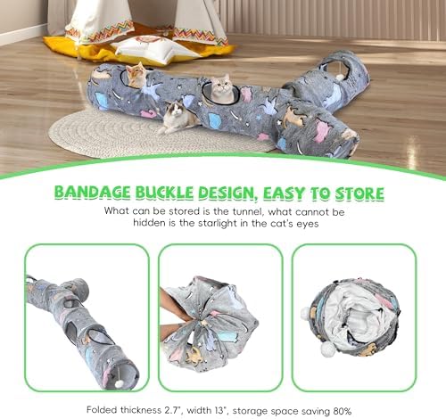 Cat Tunnel for Indoor Cats,Tree Trunk Cat Tunnels with Plush Ball Toys Collapsible,Stars, Moon Shape Self-Luminous, for Indoor Cats,Pets Bunny Rabbits, Kittens, Ferrets