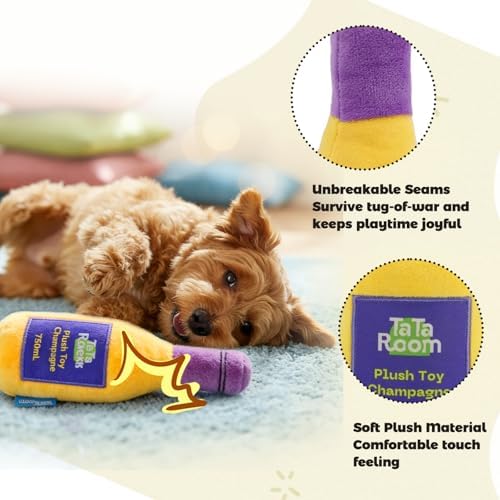 Champagne Bottle Squeaky Crinkle Dog Toy - Interactive Plush Chew Toys for Puppy Teething, Small Dogs, Aggressive Chewers and Keeping Busy