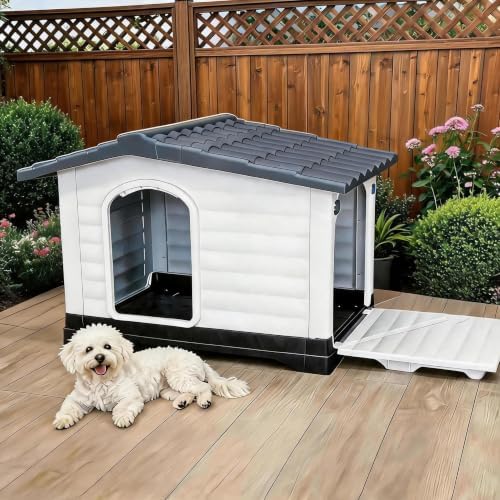 2-Door Small Dog House with Fold-Out Porch and Elevated Base, Gray