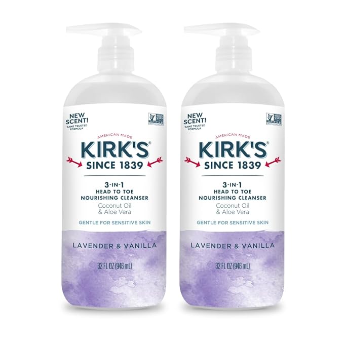Kirk's 3-in-1 Head to Toe Nourishing Liquid Cleanser- for Men, Women & Children - Premium Coconut Oil & Aloe Vera- Non GMO & Vegan - Lavender and Vanilla - 32 Fl Oz. - 2 Pack