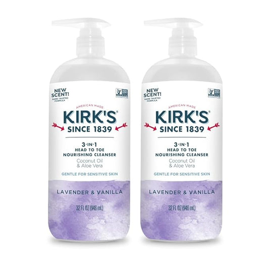 Kirk's 3-in-1 Head to Toe Nourishing Liquid Cleanser- for Men, Women & Children - Premium Coconut Oil & Aloe Vera- Non GMO & Vegan - Lavender and Vanilla - 32 Fl Oz. - 2 Pack