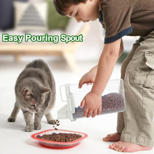 TBMax Small Dog Cat Food Storage Containers 2 Pack, Travel-Friendly Pet Food Container with Spout & Measuring Cup, Kid-Friendly Pet Feeding Dispenser, Portable Dog Treat Bird Seed Container -Beige