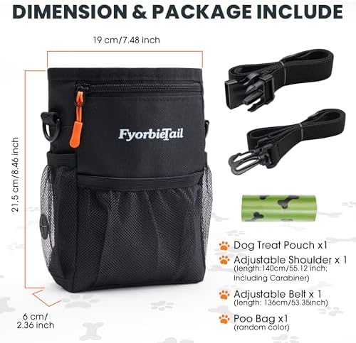 Dog Treat Pouch, 4 Cup Training Bag, Magnetic Closure, 3 Way Wear, Black | 600D waterproof Oxford fabric, multi pocket storage, zipper and mesh pockets, pull out poop bag dispenser, includes 2 rolls
