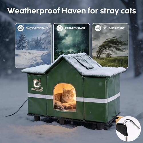 Large Outdoor Cat House with Heating Pad 28" x 16" x 17" Green